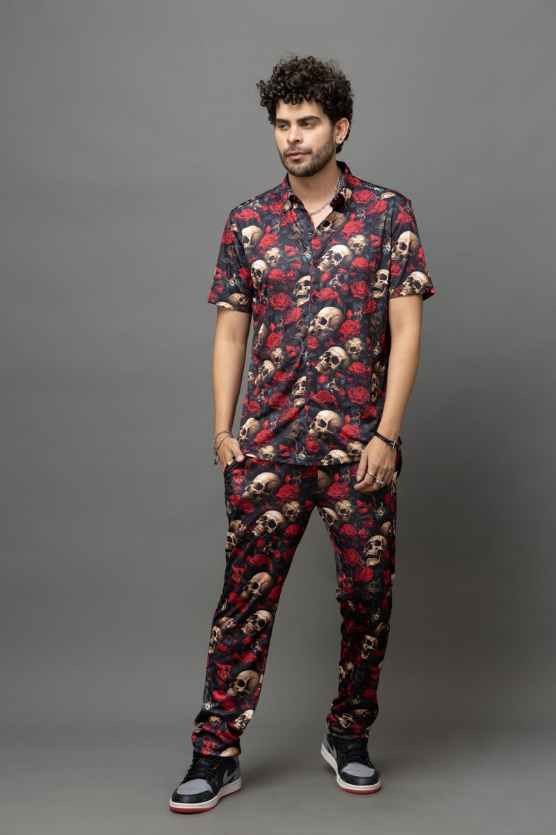 GO DEVIL Skull and Rose Print Co-Ord Set for Men - Image 1